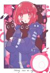  1girl absurdres animal black_cat blush_stickers border cat commentary_request haru57928031 highres holding holding_animal hood hood_down hoodie long_sleeves looking_at_viewer medium_hair original parted_lips purple_hoodie red_eyes redhead solo upper_body white_border 