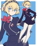  1girl aegis_(persona) artist_name blonde_hair blue_eyes do_m_kaeru gekkoukan_high_school_uniform hairband neck_ribbon persona persona_3 persona_3_reload red_ribbon ribbon robot_girl school_uniform solo 