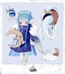  1other androgynous animal bird blue_background blue_coat blue_eyes blue_hair blue_halo closed_eyes clouds coat colored_sclera crescent_moon crying crying_with_eyes_open dripping expressionless eyelashes feathered_wings full-length_zipper halo head_wings high_collar holding li04r long_hair looking_at_viewer melting_halo moon original simple_background single_wing surreal swan teardrop tears very_long_hair white_wings wings yellow_sclera zipper 