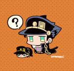  1boy ? animal_ears black_coat black_headwear blue_eyes cat_ears cat_tail chain character_doll chibi chibi_only coat dual_persona earrings full_body hat jewelry jitome jojo_no_kimyou_na_bouken kotorai kujo_jotaro male_focus no_mouth no_nose orange_background polka_dot polka_dot_background purple_shirt shirt sideburns solo spoken_question_mark tail 