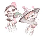  1boy backwards_hat bike_shorts black_eyes black_shorts closed_eyes closed_mouth full_body grey_jacket hat ink_tank_(splatoon) inkling_boy inkling_player_character jacket multiple_views open_mouth pink_hair pink_trim pointy_ears rice_hat shoes short_hair shorts sleeves_past_fingers sleeves_past_wrists smile spl8ya splatoon_(series) standing tentacle_hair thick_eyebrows visor_cap white_footwear x 