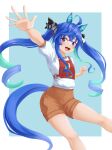  1girl ahoge animal_ears aqua_hair black_ribbon blue_background blue_eyes blue_hair brown_shorts character_name clenched_hand commentary crossed_bangs gym_shirt gym_shorts gym_uniform hair_ribbon heterochromia highres horse_ears horse_girl horse_tail kemuri_(etep3372) long_hair looking_at_viewer multicolored_hair open_mouth race_bib reaching reaching_towards_viewer ribbon sharp_teeth shirt short_sleeves shorts sidelocks smile solo standing t-shirt tail teeth translated twin_turbo_(umamusume) twintails two-tone_hair umamusume very_long_hair violet_eyes white_shirt 