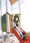  1girl :o black_footwear blue_sky brown_eyes clouds cloudy_sky commentary_request day green_hair green_hairband hairband highres japanese_clothes kimono lamb_(hitsujiniku) long_hair muneate outdoors parted_lips sandals shoe_soles sitting sky slide socks solo touhoku_zunko very_long_hair voiceroid white_kimono white_socks zouri 