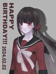  1girl black_sailor_collar bow bowtie closed_mouth danganronpa_(series) danganronpa_v3:_killing_harmony dated earrings grey_bow grey_bowtie hair_ornament hair_scrunchie happy_birthday harukawa_maki hatena_(hatenahana0807) jewelry long_hair low_twintails mole mole_under_eye pale_skin red_eyes red_scrunchie sailor_collar scrunchie shadow shirt solo twintails upper_body 