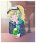  1girl absurdres alternate_costume baseball_cap basil_(faraway)_(omori) basil_(omori) bespectacled black_jacket blonde_hair blue_eyes blurry blurry_background blush collarbone commission commissioner_upload cup drawstring drinking_glass genderswap genderswap_(mtf) glasses green_hair green_hoodie hat heart highres hood hood_down hoodie indoors jacket long_hair long_sleeves looking_at_viewer maromichan multicolored_hair omori open_mouth ponytail round_eyewear skeb_commission smile solo table teeth upper_teeth_only 