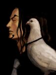  1boy animal animal_on_shoulder beard bird bird_on_shoulder black_hair closed_mouth commentary_request dark_background facial_hair hattori_(one_piece) long_hair male_focus matsubaki necktie one_piece pigeon rob_lucci simple_background 