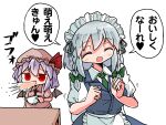  2girls apron bat_wings bow braid collar cup green_bow green_necktie grey_hair hair_bow hat hat_ribbon heart holding holding_cup izayoi_sakuya kasuya_baian light_blush long_hair maid maid_apron maid_headdress mob_cap multiple_girls necktie open_mouth purple_hair red_eyes remilia_scarlet ribbon short_hair short_sleeves smile spitting spoken_heart tea teacup touhou translation_request twin_braids waist_apron wings 