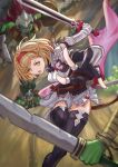  1girl 3others absurdres armor armored_gloves battle belt black_corset black_footwear black_gloves blonde_hair blurry blurry_background boots breasts charging_forward collared_dress colored_skin corset djeeta_(granblue_fantasy) dress fighting frilled_dress frills gloves goblin granblue_fantasy granblue_fantasy:_relink green_skin hairband helmet highres holding holding_shield holding_sword holding_weapon medium_breasts multiple_others open_mouth partially_fingerless_gloves pauldrons pink_sash rebelwear_(granblue_fantasy) red_hairband sash scabbard sheath shield short_hair shoulder_armor sword tatsumi_yashiro thigh_boots weapon white_dress yellow_eyes zettai_ryouiki 