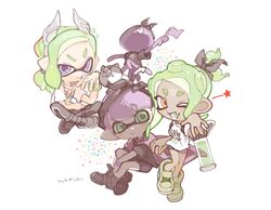  1girl 1other 2boys black_bow black_hairband bow closed_mouth crossed_legs fake_horns fang flag green_eyes green_hair hairband holding holding_flag horns ink_tank_(splatoon) inkling_boy inkling_player_character jellyfish_(splatoon) li&#039;l_judd_(splatoon) medium_hair multiple_boys octoling_girl octoling_player_character one_eye_closed open_mouth orange_eyes pointy_ears print_shirt raised_eyebrows shirt short_hair simple_background sitting smile spl8ya splatoon_(series) standing standing_on_one_leg star_(symbol) tentacle_hair thick_eyebrows translation_request violet_eyes white_background white_shirt 