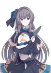  1girl arcaea arm_cutout bow capelet dress flower frilled_sleeves frills frown grey_hair hair_bow hair_flower hair_ornament highres holding holding_stuffed_toy long_hair long_sleeves looking_at_viewer rose solo stuffed_animal stuffed_penguin stuffed_toy tairitsu_(arcaea) tairitsu_(grievous_lady)_(arcaea) very_long_hair violet_eyes yuki-san_(wdtm_yuki) 