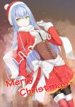 1girl boots capelet center_frills christmas corset facial_mark frills fur-trimmed_boots fur-trimmed_capelet fur_trim girls_frontline gloves green_eyes grey_hair hand_up hat highres hk416_(girls&#039;_frontline) long_hair long_sleeves looking_to_the_side merry_christmas pantyhose parted_lips pleated_skirt santa_costume santa_hat scarf skirt solo teardrop_facial_mark very_long_hair yuki-san_(wdtm_yuki) 