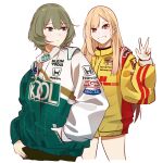  2girls absurdres blonde_hair cosplay crossover dhl english_commentary fedex green_hair green_jacket highres holeecrab honda idolmaster idolmaster_cinderella_girls indycar_series jacket kitagawa_marin looking_at_viewer looking_to_the_side mole mole_under_eye multicolored_clothes multicolored_jacket multiple_girls parted_lips paul_tracy paul_tracy_(cosplay) racing_suit red_eyes romain_grosjean romain_grosjean_(cosplay) short_hair shorts smile sono_bisque_doll_wa_koi_wo_suru takagaki_kaede upper_body v white_background white_jacket yellow_jacket yellow_shorts 