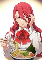  1girl bowl chopsticks collared_shirt commentary_request food grin holding holding_chopsticks isa_(peien516) kirijou_mitsuru lips long_hair long_sleeves looking_at_viewer neck_ribbon noodles parted_lips persona persona_3 ramen red_eyes red_lips red_ribbon redhead ribbon shirt smile solo table wavy_hair white_shirt 