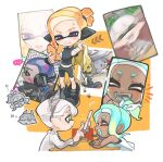  +++ ... 1girl 3boys arrow_(symbol) black_footwear black_shorts blonde_hair blue_hair blush border chibi chibi_inset closed_eyes closed_mouth dark-skinned_female dark_skin fake_horns gradient_hair green_eyes green_hair headphones horns inkling_boy inkling_player_character jacket li&#039;l_judd_(splatoon) medium_hair midriff multicolored_hair multiple_boys octoling_girl octoling_player_character open_mouth pointy_ears shoes short_hair shorts sitting smile sparkle spl8ya splatoon_(series) spoken_ellipsis standing sweat table teeth tentacle_hair thick_eyebrows translation_request two-tone_hair unworn_jacket v violet_eyes white_border white_hair yellow_background yellow_jacket 