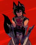  animal arm_blade black_hair mako_gai ninja red_background sarutobi_sasuke_(sengoku_musou) sengoku_musou tail weapon wolf_tail 
