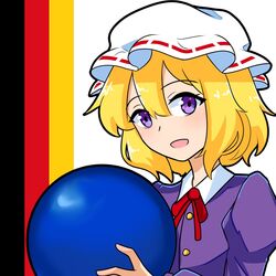 1girl blonde_hair collared_dress commentary dress flag german_flag hat highres maribel_hearn mob_cap neck_ribbon purple_dress red_ribbon ribbon short_hair solo touhou violet_eyes white_headwear xen0moonz