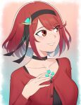  1girl black_shirt breasts choker collarbone commentary edmonmondo english_commentary gem hairband highres looking_to_the_side medium_breasts pyra_(xenoblade) red_eyes red_shirt redhead shirt solo xenoblade_chronicles_(series) xenoblade_chronicles_2 