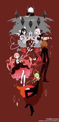  3boys 3girls absurdres arbus ater black_dress black_hair black_suit cranber_(haiiro_teien) demon demon_boy demon_girl demon_horns demon_tail demon_wings diamond_(shape) dress funamusea grey_hair haiiro_teien highres horns kcalb_(haiiro_teien) looking_at_viewer lost_(haiiro_teien) low_ponytail low_twintails multiple_boys multiple_girls pink_hair redhead suit tail twintails weibo_1791599233 white_hair wings yosaflame_(haiiro_teien) 