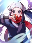  1girl akari_(pokemon) black_hair black_shirt commentary_request eyelashes grey_eyes hand_up head_scarf highres holding holding_poke_ball jacket long_hair looking_at_viewer poke_ball poke_ball_(legends) pokemon pokemon_legends:_arceus ponytail red_scarf scarf shigure_(zkeh8834) shirt sidelocks solo upper_body white_background white_headwear 