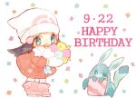  1girl beanie blue_eyes blue_flower blue_ribbon blush_stickers boots bouquet bright_pupils chibi coat commentary confetti dated flower full_body gift glaceon happy_birthday hat hikari_(pokemon) holding holding_bouquet kneehighs looking_at_viewer looking_down mgomurainu open_mouth pink_flower pink_footwear pokemon pokemon_(creature) pokemon_dppt pokemon_platinum red_coat ribbon scarf smile socks standing white_background white_headwear white_scarf white_socks yellow_flower 