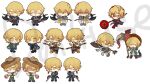  black_suit blonde_hair blood blood_on_clothes blood_on_face chibi closed_eyes dragon_tail e.g.o_(project_moon) full_body halberd hat highres jacket limbus_company neckerchief necktie official_alternate_costume polearm project_moon red_necktie short_hair sigil sinclair_(project_moon) sombrero south_ac suit sweater sword tail weapon yellow_eyes 
