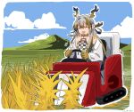  1girl :d arknights bare_shoulders blue_hair blue_sky border closed_eyes clouds colored_skin combine_harvester day donki_(yeah) dot_nose dragon_girl dragon_horns driving earrings facing_viewer field green_hair grey_hair hair_between_eyes hair_intakes highres horns jacket jewelry mountainous_horizon multicolored_hair necklace off_shoulder open_clothes open_jacket open_mouth outdoors pointy_ears rice_(plant) shirt shu_(arknights) sidelocks sky smile solo strapless strapless_shirt streaked_hair tassel tassel_earrings twitter_username upper_body white_border white_jacket white_shirt 
