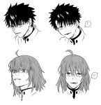  1boy 1girl ? ahoge clenched_teeth exhausted expressions fate/grand_order fate_(series) fujimaru_ritsuka_(female) fujimaru_ritsuka_(female)_(decisive_battle_chaldea_uniform) fujimaru_ritsuka_(male) fujimaru_ritsuka_(male)_(decisive_battle_chaldea_uniform) greyscale grimace highres looking_at_viewer monochrome noz_2to parted_lips short_hair simple_background spoken_question_mark sweat teeth 