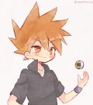  1boy black_shirt black_wristband blue_oak blush brown_eyes brown_hair collared_shirt commentary great_ball grey_background hand_up high_collar jewelry male_focus mgomurainu necklace pendant poke_ball pokemon pokemon_frlg shirt short_hair short_sleeves simple_background smile spiky_hair tossing twitter_username upper_body 