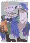  2girls bag bird bird_wings black_gloves blonde_hair blue_feathers blue_footwear blush boots border breath character_request child coat dog_girl double_bun english_text feathers gloves gradient_feathers green_feathers hair_bun highres holding holding_reins looking_to_the_side monster monster_hunter_(series) monster_hunter_wilds multiple_girls open_mouth original outside_border pantyhose purple_hair reins riding riding_animal samansa_(samansa_ex) samansa_ex siblings sisters sleeping_bag snow snowing tabasa_(samansa_ex) talons violet_eyes white_border white_coat white_feathers wings winter winter_clothes 