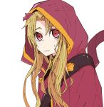  1girl absurdres amatou_yarou blonde_hair closed_mouth ereshkigal_(fate) fate/grand_order fate_(series) gold_trim highres hood hood_up hooded_robe light_blush long_hair looking_at_viewer pink_eyes red_robe robe simple_background solo sweat upper_body white_background 