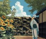  1boy absurdres architecture belt clouds commentary day east_asian_architecture flower food fruit gintama hadanugi_dousa highres japanese_clothes kimono male_focus nature outdoors sakata_gintoki shooogun short_hair sky stone_wall sunflower sword symbol-only_commentary tree watermelon weapon white_hair wooden_sword 
