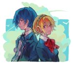  1boy 1girl aegis_(persona) bird black_jacket black_ribbon blonde_hair blue_eyes blue_hair bow bowtie breasts closed_mouth clouds english_commentary gekkoukan_high_school_uniform jacket looking_at_viewer neck_ribbon open_clothes open_jacket parted_lips persona persona_3 red_bow red_bowtie ribbon say0ran school_uniform short_hair sky upper_body yuuki_makoto_(persona_3) 