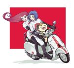  1boy 1girl atsumi_yoshioka blue_eyes blue_hair driving green_eyes james_(pokemon) jessie_(pokemon) meowth motor_vehicle pokemon pokemon_(anime) pokemon_(classic_anime) pokemon_(creature) red_background redhead 