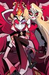  1boy 1girl blonde_hair charlie_morningstar colored_sclera demon demon_boy demon_girl demon_horns demon_tail demon_wings dress father_and_daughter hazbin_hotel highres horns jbs0 lifting_person looking_at_viewer lucifer_(hazbin_hotel) red_dress red_sclera suit tail thigh-highs wings 