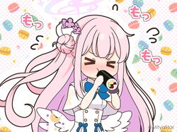  &gt;_&lt; 1girl blue_archive blue_bow blush bow breasts cake capelet chibi closed_eyes closed_mouth dress eating facing_viewer feathered_wings flower flying_sweatdrops food food-themed_background hair_bun hair_flower hair_ornament halo holding holding_food long_hair low_wings medium_breasts mika_(blue_archive) mitya nose_blush outline pink_hair polka_dot polka_dot_background purple_flower single_side_bun solo swiss_roll twitter_username upper_body v-shaped_eyebrows very_long_hair white_background white_capelet white_dress white_outline white_wings wings 