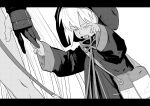  2girls bag dark-skinned_female dark_skin dutch_angle fate/grand_order fate_(series) greyscale hands_up holding_another&#039;s_finger hood hood_up hooded_jacket jacket letterboxed long_sleeves monochrome multiple_girls noz_2to okita_souji_(fate) okita_souji_alter_(fate) open_mouth rengoku_(fate) short_hair shoulder_bag simple_background solo_focus upper_body yawning 