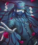  1boy bandaged_hand bandages black_hair buttons danganronpa_(series) danganronpa_v3:_killing_harmony gradient_background green_jacket hat highres jacket jewelry long_hair long_sleeves looking_at_viewer male_focus mask nashigawa necklace petals rope shinguji_korekiyo solo 