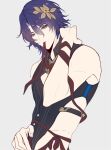  1boy aqueasirius armpits bishounen cowboy_shot dr._ratio_(honkai:_star_rail) hair_ornament honkai:_star_rail honkai_(series) male_focus purple_hair red_ribbon ribbon short_hair simple_background solo toned toned_male violet_eyes white_background yellow_leaves 