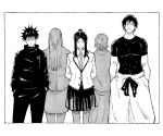  2boys 4girls arms_behind_back black_hair black_jacket black_shirt brother_and_sister facing_viewer family father_and_daughter father_and_son fushiguro_megumi fushiguro_touji fushiguro_tsumiki greyscale hands_in_pockets high_collar highres jacket jujutsu_kaisen jujutsu_tech_uniform long_hair looking_to_the_side love_helix monochrome multiple_boys multiple_girls pants ponytail scar scar_on_face scar_on_mouth school_uniform shirt siblings skirt spiky_hair step-siblings 