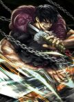  1boy black_background black_hair black_shirt chain cursed_spirit_(jujutsu_kaisen) dynamic_pose fushiguro_touji green_eyes grin highres holding holding_sword holding_weapon jujutsu_kaisen katana male_focus monster muscular muscular_male pants pectorals scar scar_on_face scar_on_mouth shirt short_hair simple_background slashing smile solo sword vinrylgrave weapon worm 