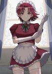  1girl apron bazett_fraga_mcremitz breasts curtains fate/hollow_ataraxia fate_(series) gem gloves highres leaf longdq3008 maid maid_apron maid_headdress mole mole_under_eye navel red_eyes redhead short_hair solo tagme tree window 