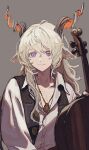  1boy animal_ears arknights bishounen cello goat_boy goat_ears goat_horns grey_background highres horns instrument jewelry kreide_(arknights) long_hair male_focus necklace shima_(shimmer_7y) shirt simple_background smile solo upper_body violet_eyes white_hair white_shirt 