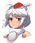  1girl absurdres animal_ears bare_shoulders cropped_torso hat highres inubashiri_momiji looking_at_viewer orange_eyes parted_lips quanero shirt short_hair simple_background sleeveless solo tokin_hat touhou upper_body white_background white_hair white_shirt wolf_ears wolf_girl 