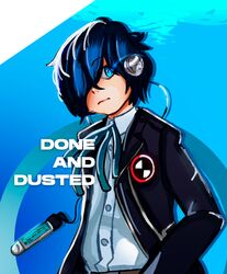  1boy absurdres blue_hair digital_media_player gekkoukan_high_school_uniform hair_between_eyes hair_over_one_eye headphones highres jacket male_focus open_clothes open_jacket persona persona_3 persona_3_reload school_uniform shirt simple_background solo white_shirt yuri_takahash1 yuuki_makoto_(persona_3) 