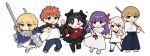  1boy 5girls ahoge armor artoria_pendragon_(fate) black_hair blonde_hair blue_eyes character_request chibi dress emiya_shirou fate_(series) green_eyes highres holding holding_sword holding_weapon kendo long_hair multiple_girls one_eye_closed open_mouth orange_hair purple_hair red_eyes rizu033 saber_(fate) shirt simple_background skirt sword tohsaka_rin violet_eyes weapon white_background white_dress white_hair white_shirt 