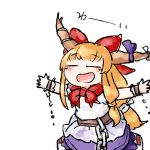  1girl blonde_hair blush bow chain closed_eyes cuffs hair_bow horn_bow horn_ornament horn_ribbon horns ibuki_suika long_hair oni ribbon shackles shirt simple_background skirt sleeveless smile solo torn_clothes torn_sleeves touhou white_shirt yaise 