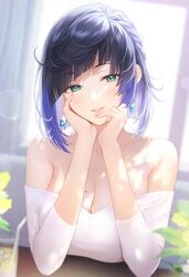  1girl ai-generated blue_hair breasts dating diagonal_bangs earrings genshin_impact green_eyes highres jewelry large_breasts looking_at_viewer mole mole_on_breast nekocypher smile solo yelan_(genshin_impact) 