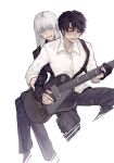  1boy 1girl black_gloves black_hair blue_eyes blush character_request collared_shirt copyright_request cowboy_shot electric_guitar fish_nwn gloves guitar highres holding_hands instrument open_mouth shirt short_hair simple_background suit sweat white_background white_hair white_shirt 