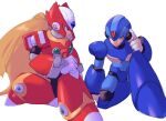  2boys armor blonde_hair blue_eyes boots forehead_jewel green_eyes helmet lemon_inu long_hair mega_man_(series) mega_man_x_(series) multiple_boys robot shoulder_armor simple_background white_background x_(mega_man) zero_(mega_man) 