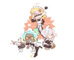  1girl 2boys anger_vein apron blonde_hair blue_hair broom closed_eyes cup dark-skinned_female dark_skin drink envelope gradient_hair green_hair hand_on_own_hip inkling_boy inkling_player_character maid_apron maid_headdress medium_hair multicolored_hair multiple_boys octoling_girl octoling_player_character orange_eyes plate pointy_ears romaji_text short_hair simple_background spl8ya splatoon_(series) squatting squiggle teacup teapot tentacle_hair thick_eyebrows tripping two-tone_hair white_background white_hair yawning 